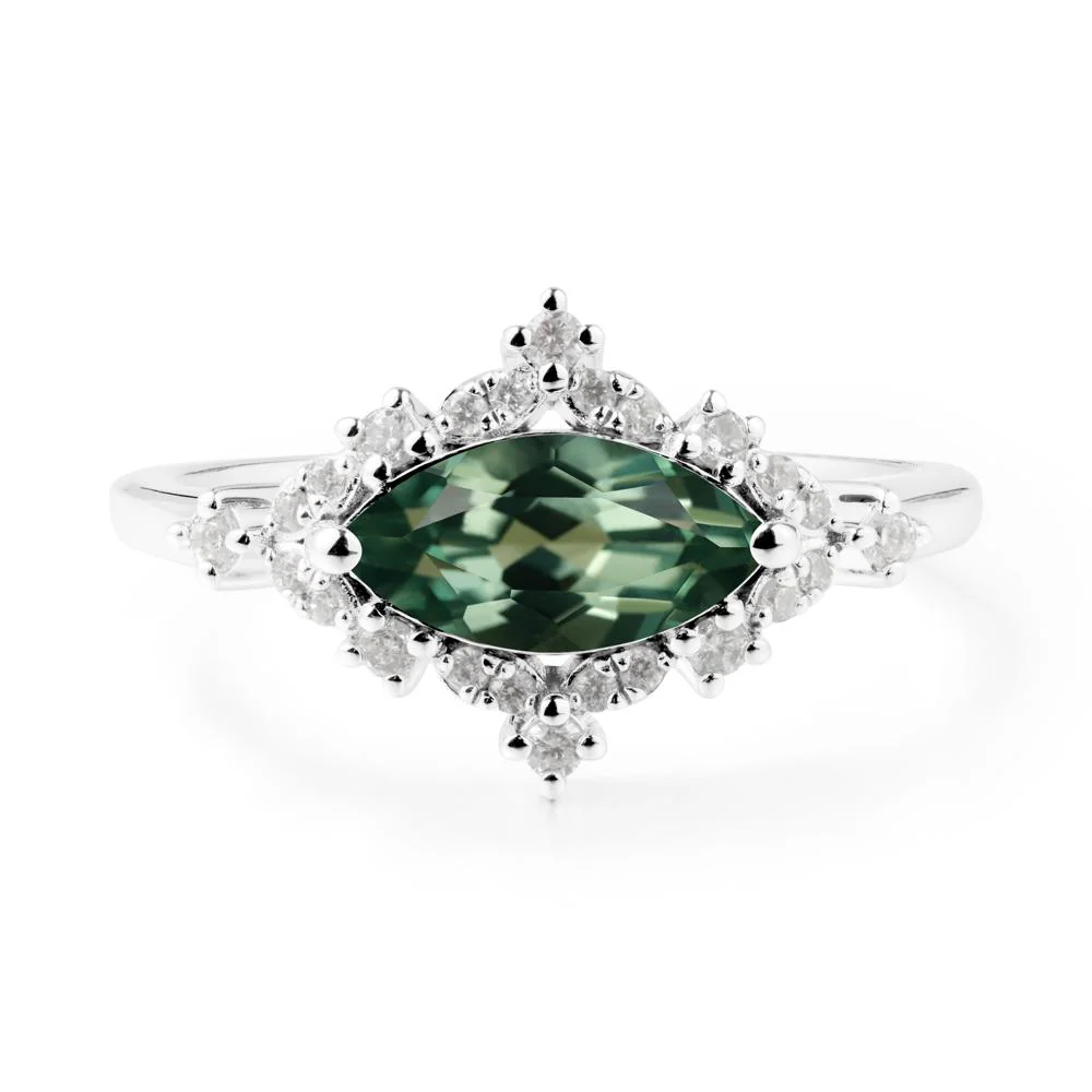 East West Marquise Cut Green Sapphire Halo Ring