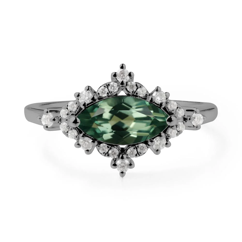 East West Marquise Cut Green Sapphire Halo Ring - Image 2