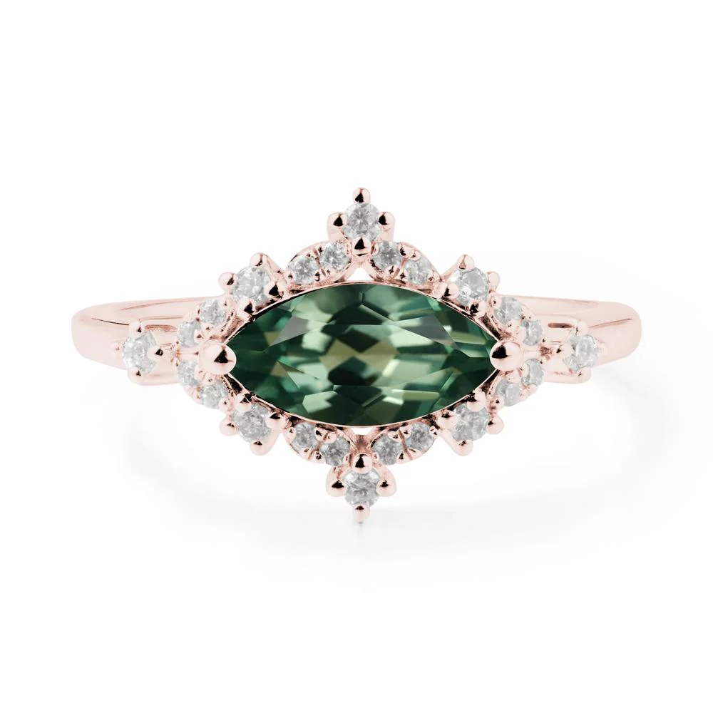 East West Marquise Cut Green Sapphire Halo Ring - Image 3