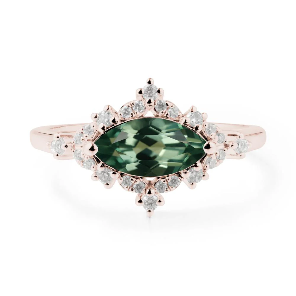 East West Marquise Cut Green Sapphire Halo Ring - Image 7