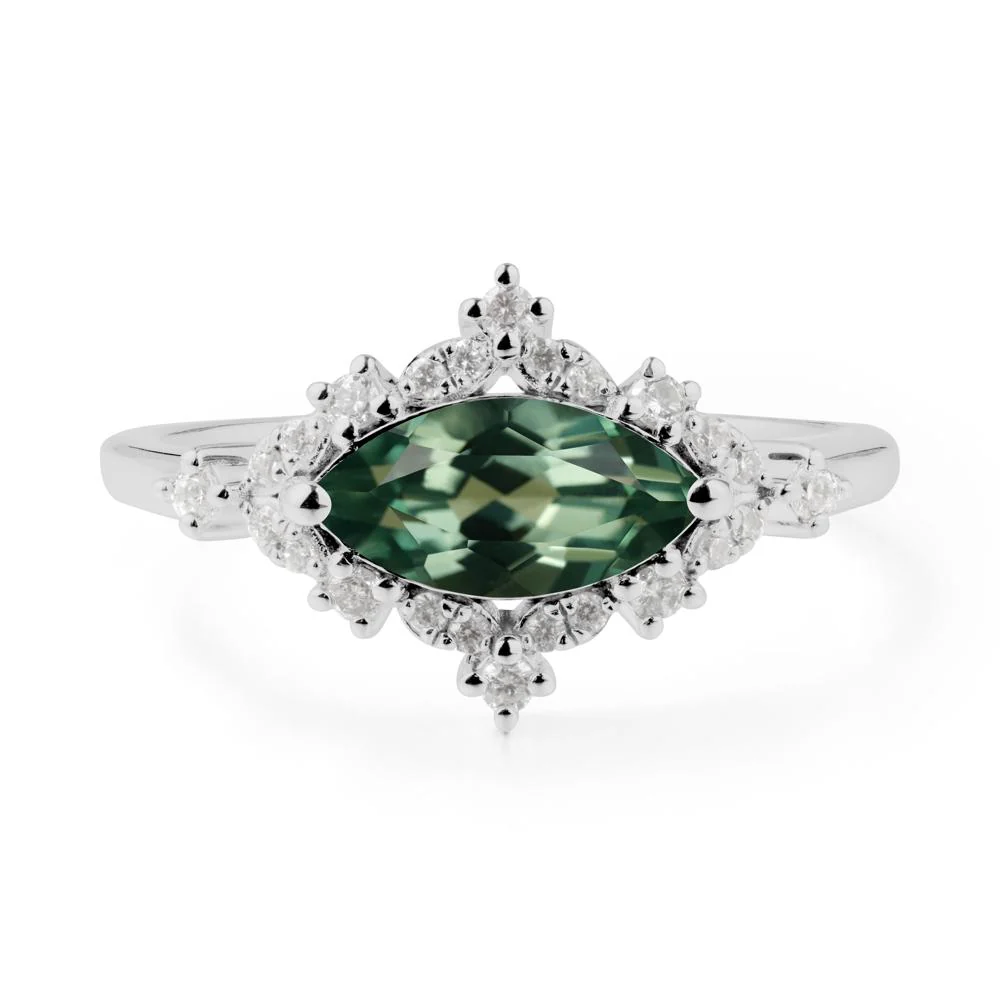 East West Marquise Cut Green Sapphire Halo Ring - Image 9