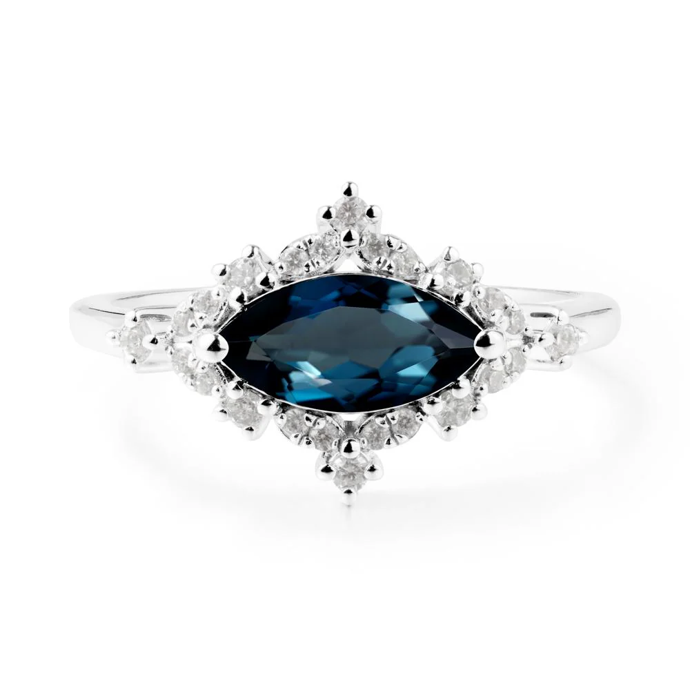 East West Marquise Cut London Blue Topaz Halo Ring - Image 4
