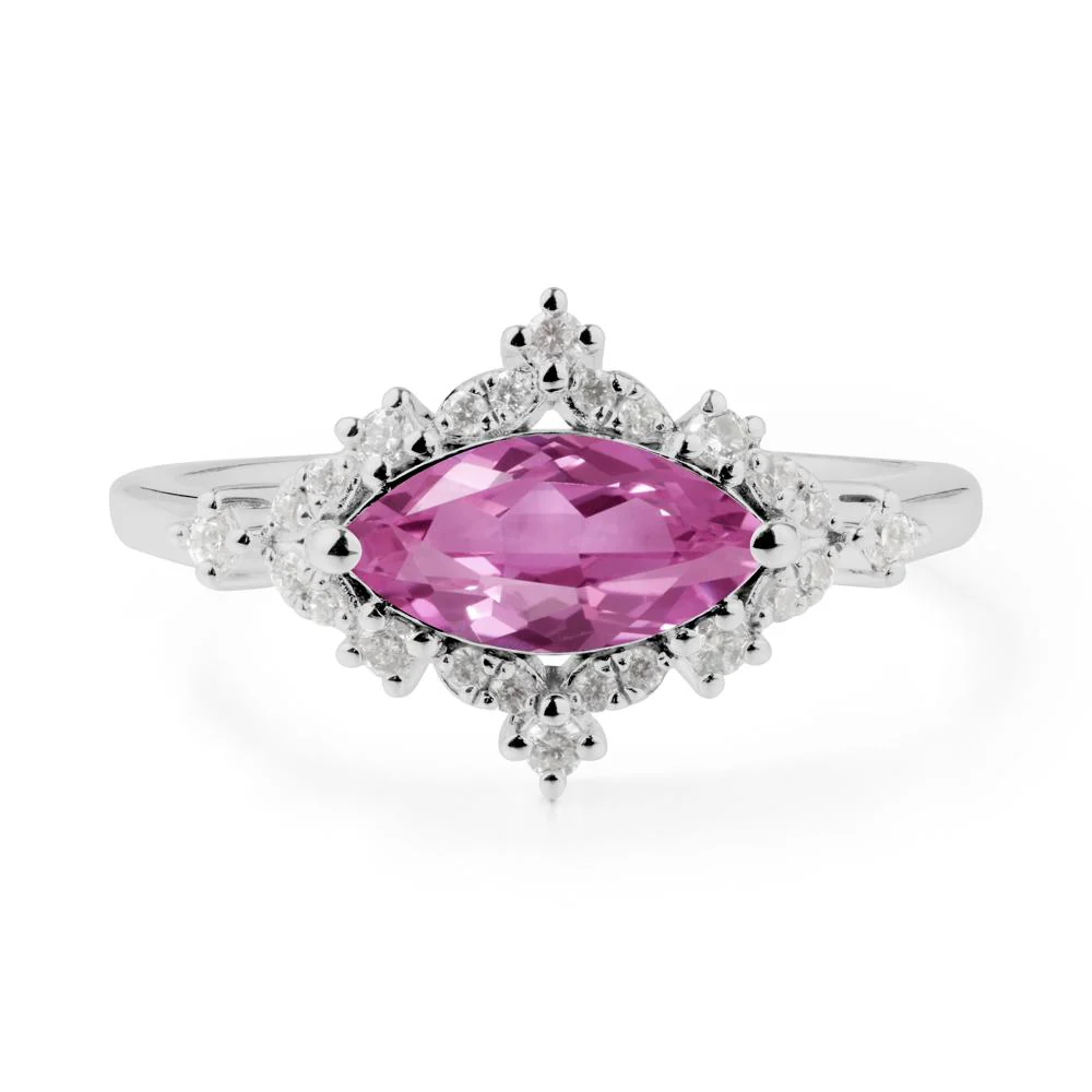 East West Marquise Cut Pink Sapphire Halo Ring - Image 3