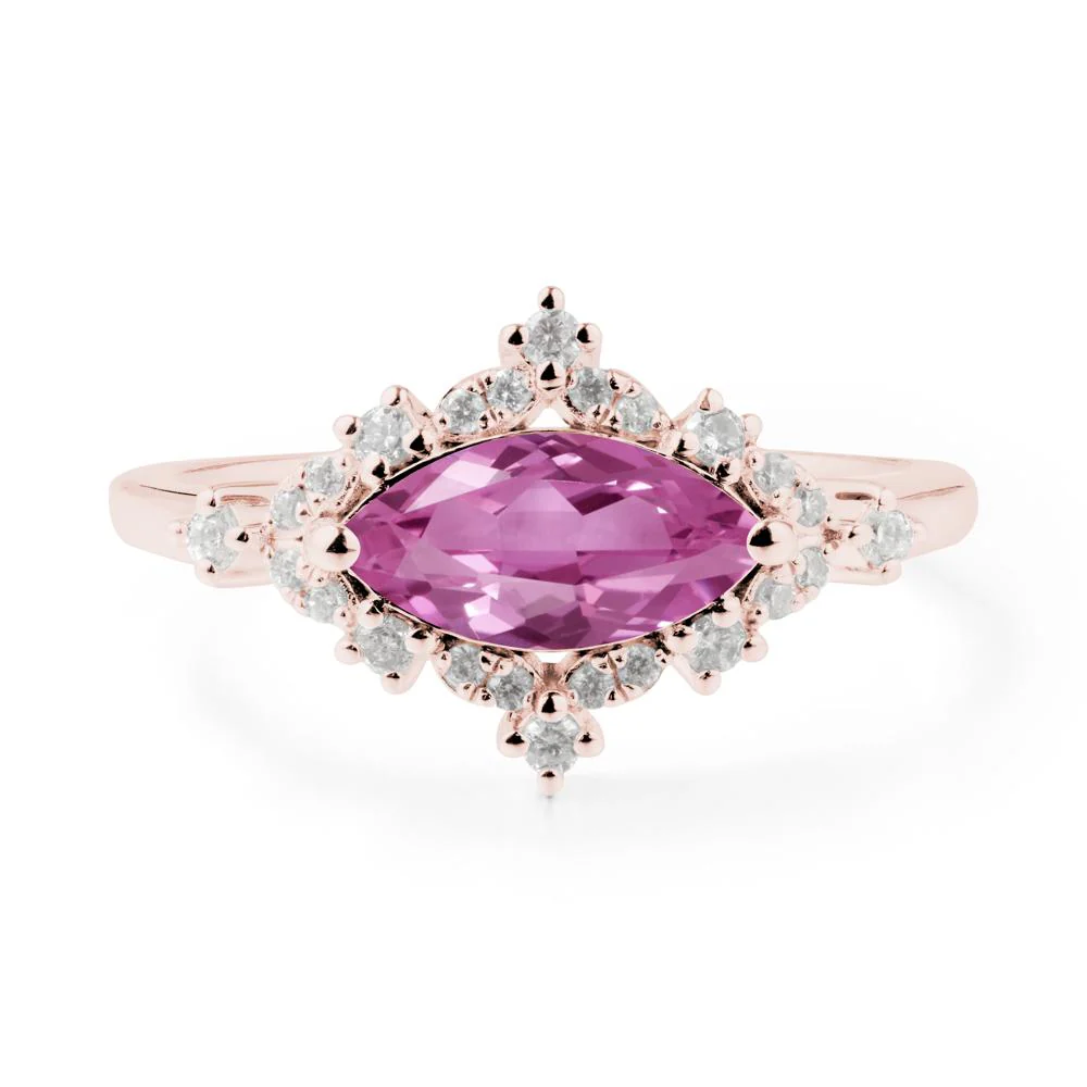 East West Marquise Cut Pink Sapphire Halo Ring - Image 4