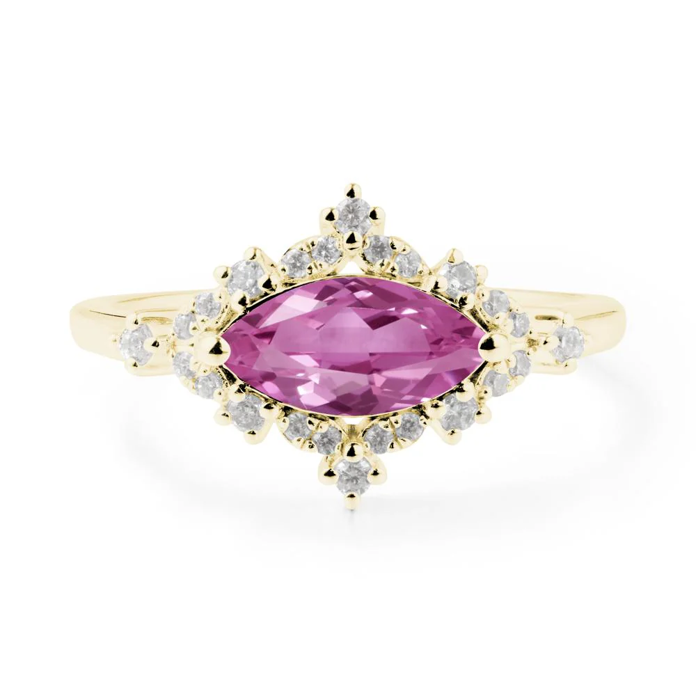 East West Marquise Cut Pink Sapphire Halo Ring - Image 5