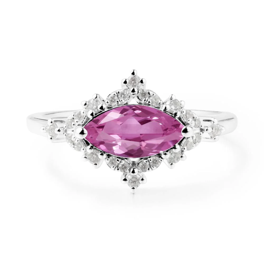 East West Marquise Cut Pink Sapphire Halo Ring - Image 6