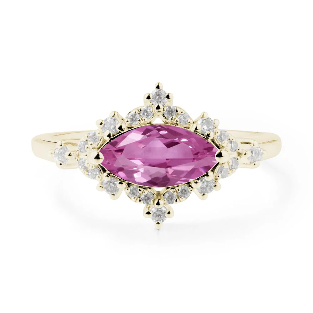 East West Marquise Cut Pink Sapphire Halo Ring - Image 7