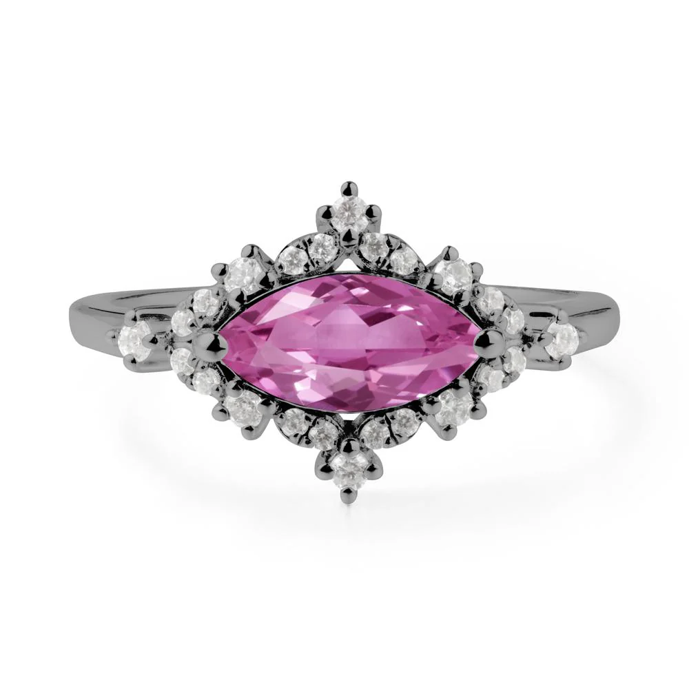 East West Marquise Cut Pink Sapphire Halo Ring - Image 8