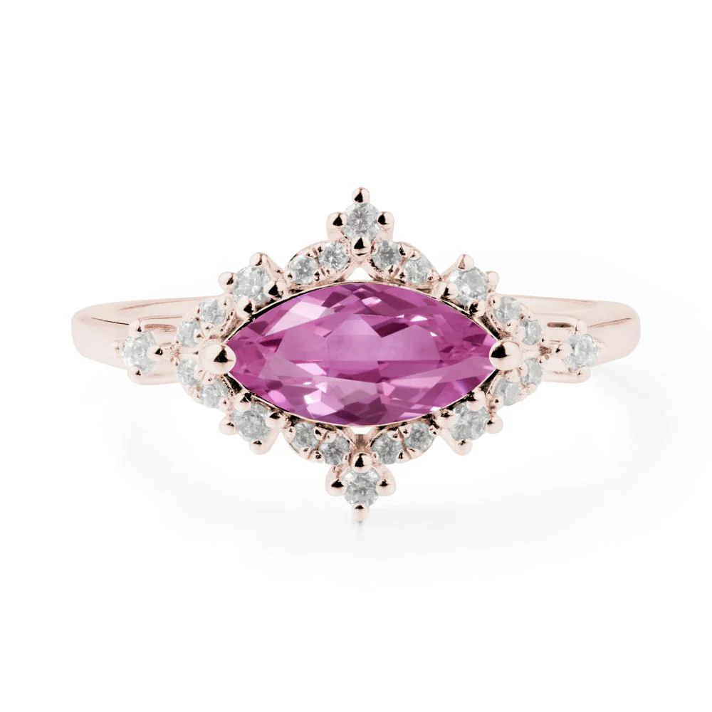 East West Marquise Cut Pink Sapphire Halo Ring - Image 9