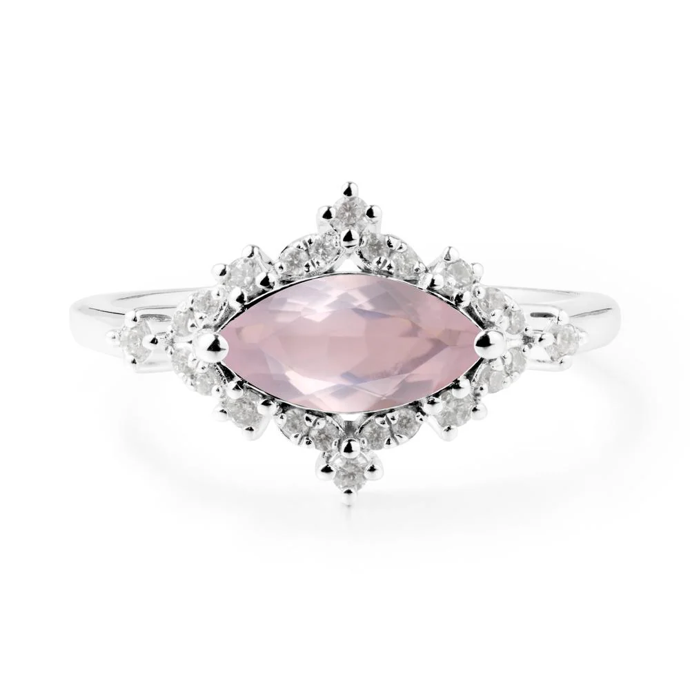 East West Marquise Cut Rose Quartz Halo Ring - Image 2