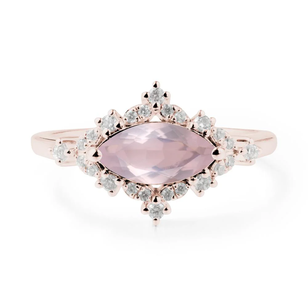 East West Marquise Cut Rose Quartz Halo Ring - Image 3