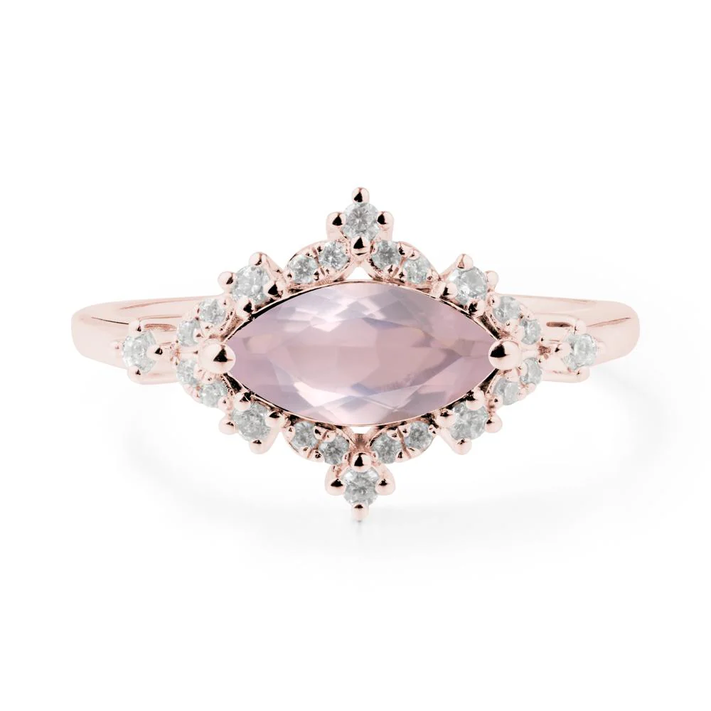 East West Marquise Cut Rose Quartz Halo Ring - Image 8