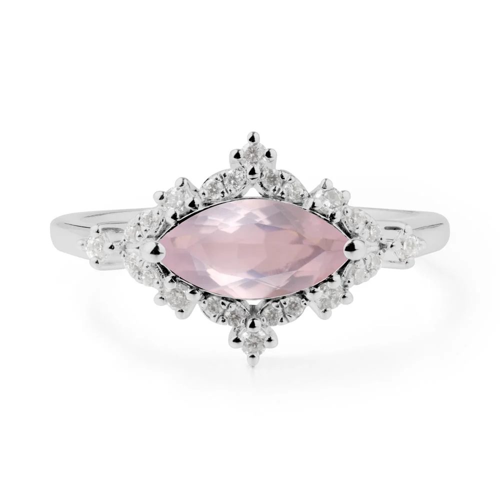 East West Marquise Cut Rose Quartz Halo Ring - Image 9
