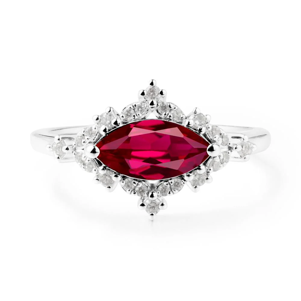 East West Marquise Cut Ruby Halo Ring - Image 4