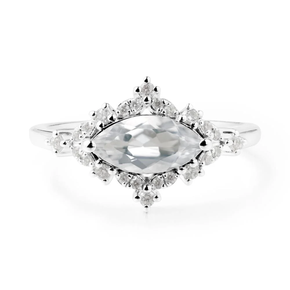 East West Marquise Cut White Topaz Halo Ring - Image 2