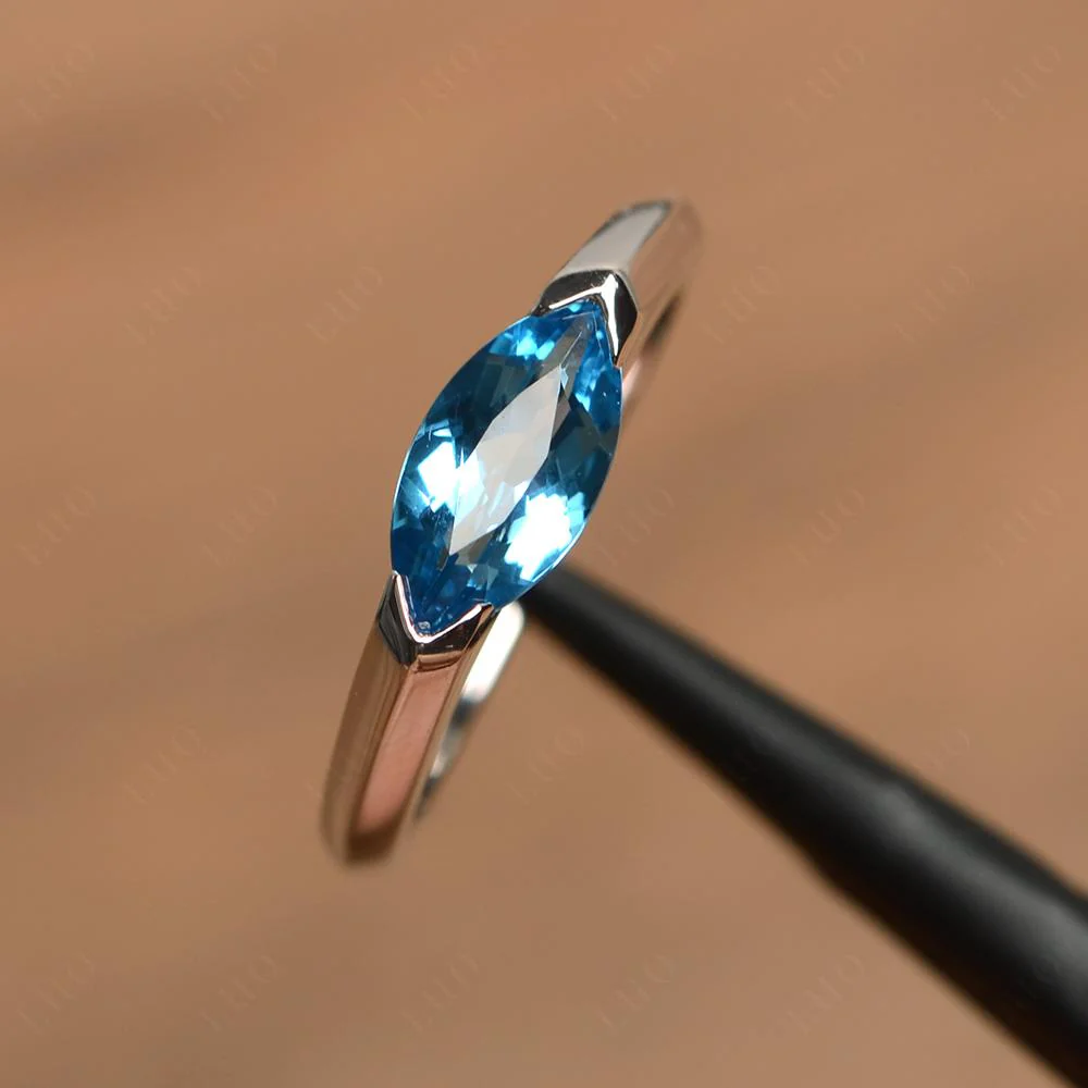 Swiss Blue Topaz East West Marquise Engagement Ring - Image 11