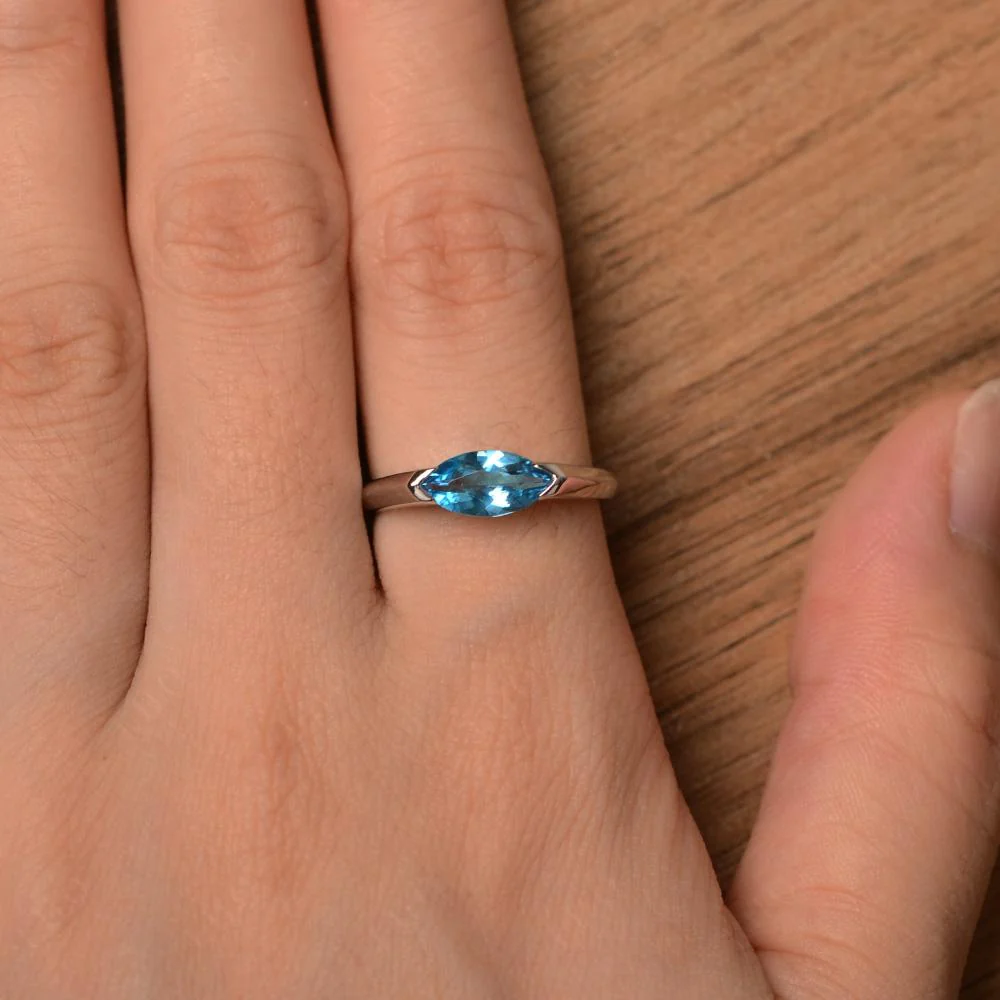Swiss Blue Topaz East West Marquise Engagement Ring - Image 13