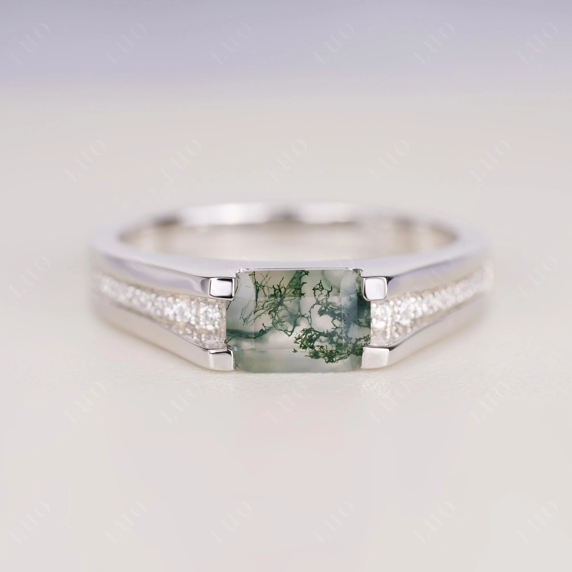 East West Moss Agate Engagement Ring
