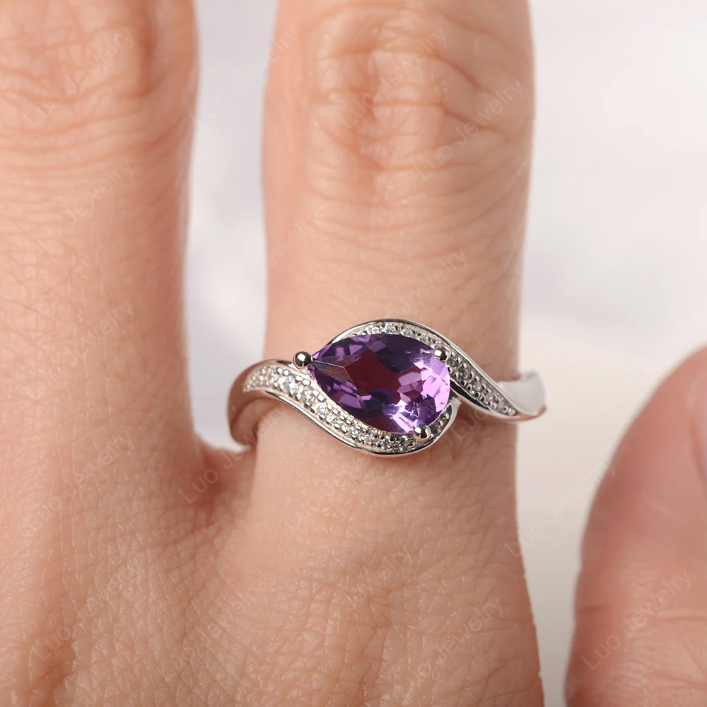 East West Pear Amethyst Engagement Ring - Image 5