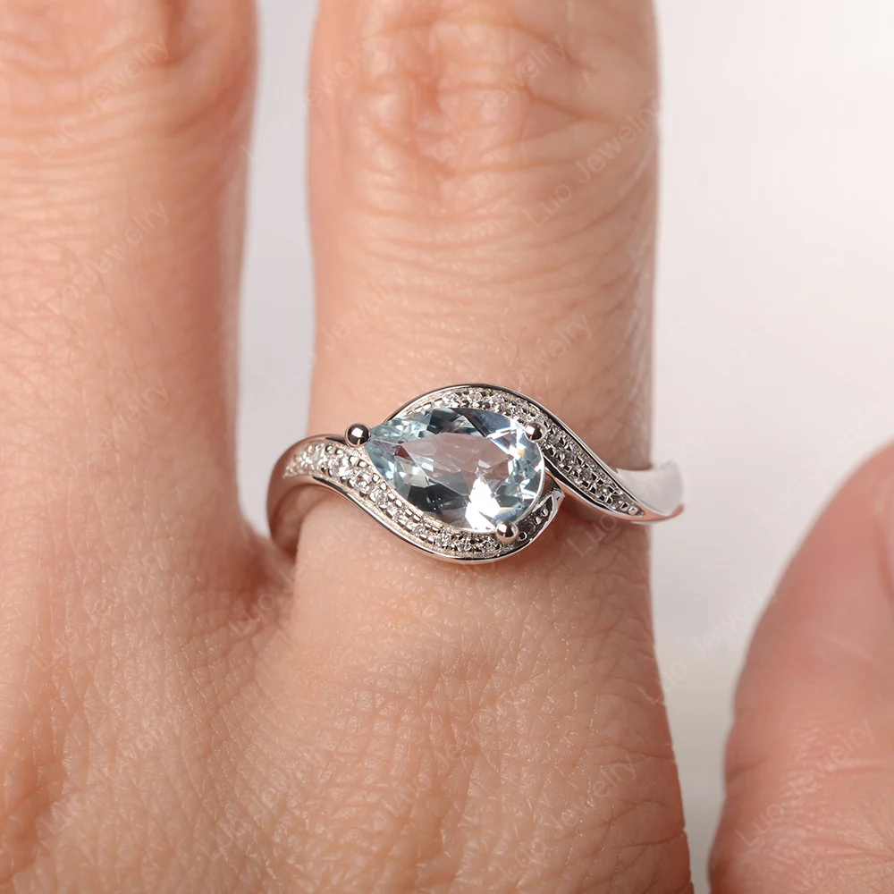 East West Pear Aquamarine Engagement Ring - Image 5