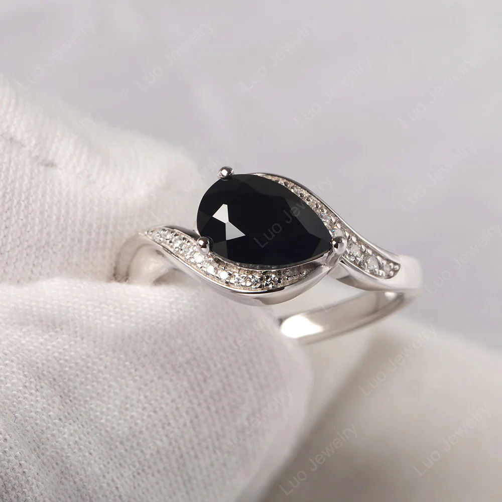 East West Pear Black Spinel Engagement Ring