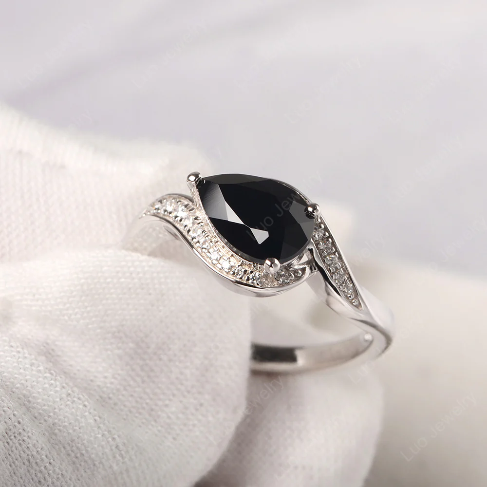 East West Pear Black Spinel Engagement Ring - Image 2