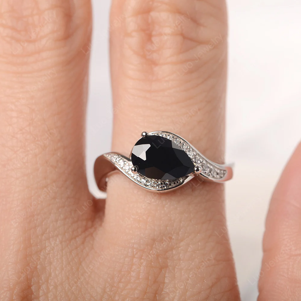 East West Pear Black Spinel Engagement Ring - Image 5