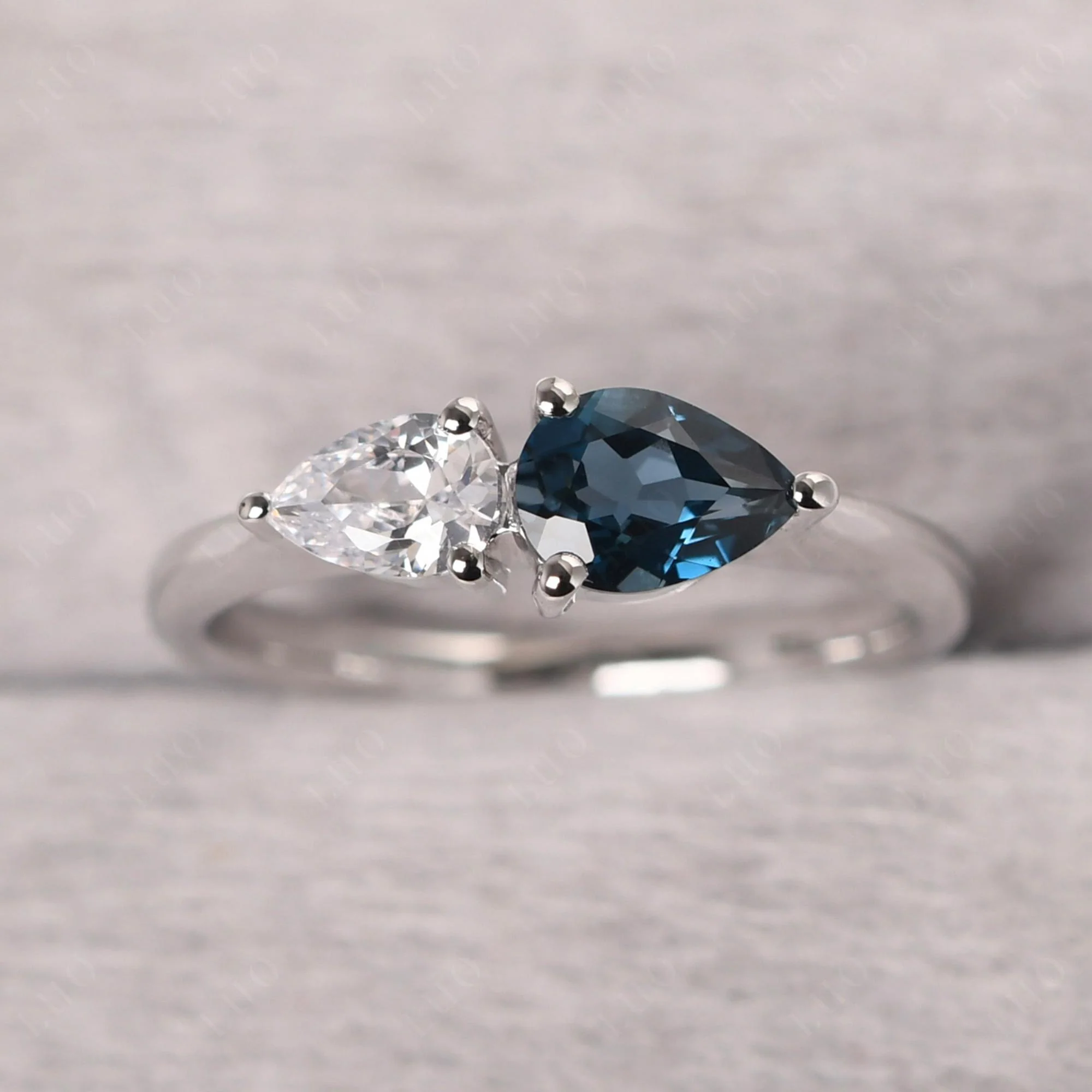 East West Pear Cubic Zirconia and London Blue Topaz Ring - Image 11