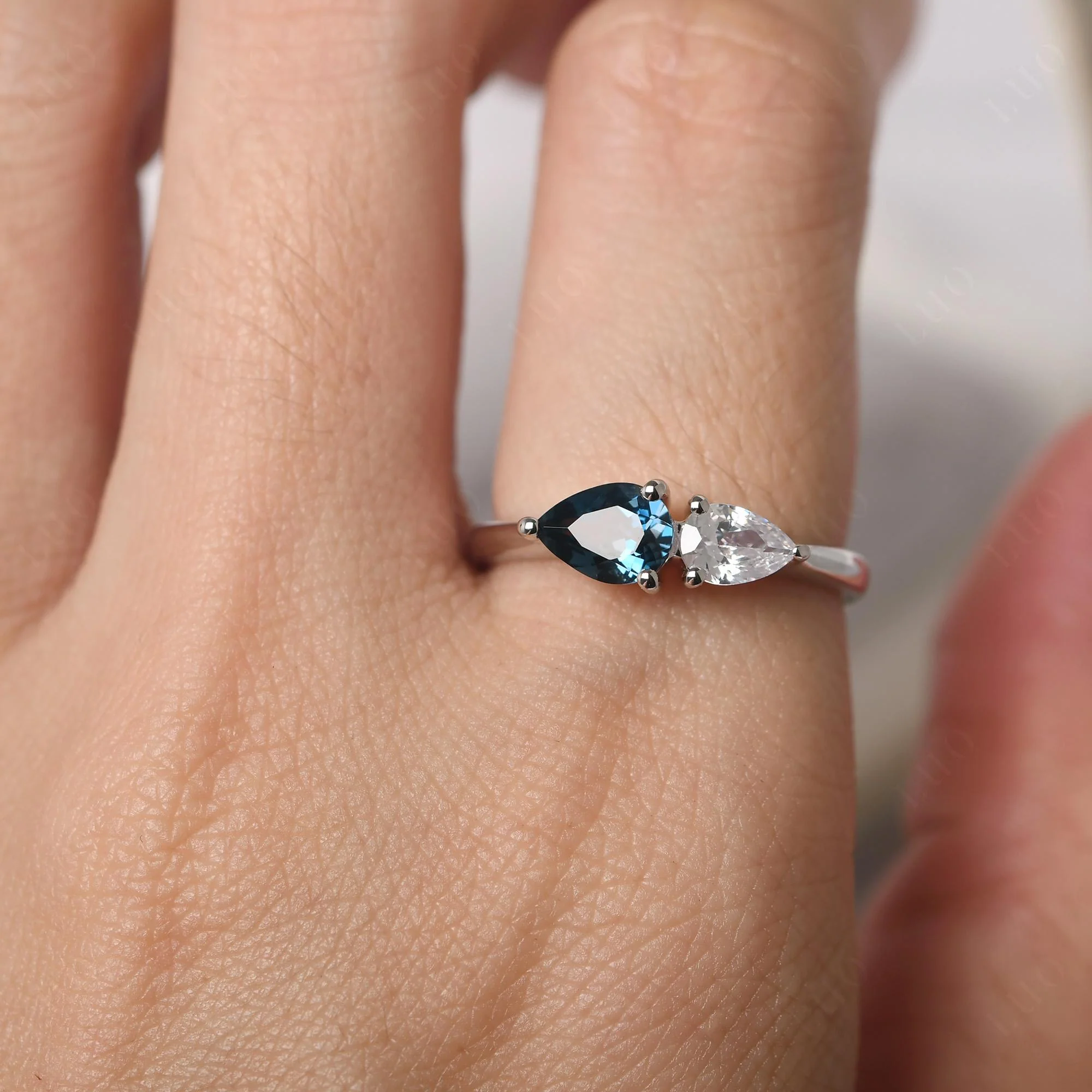East West Pear Cubic Zirconia and London Blue Topaz Ring - Image 14