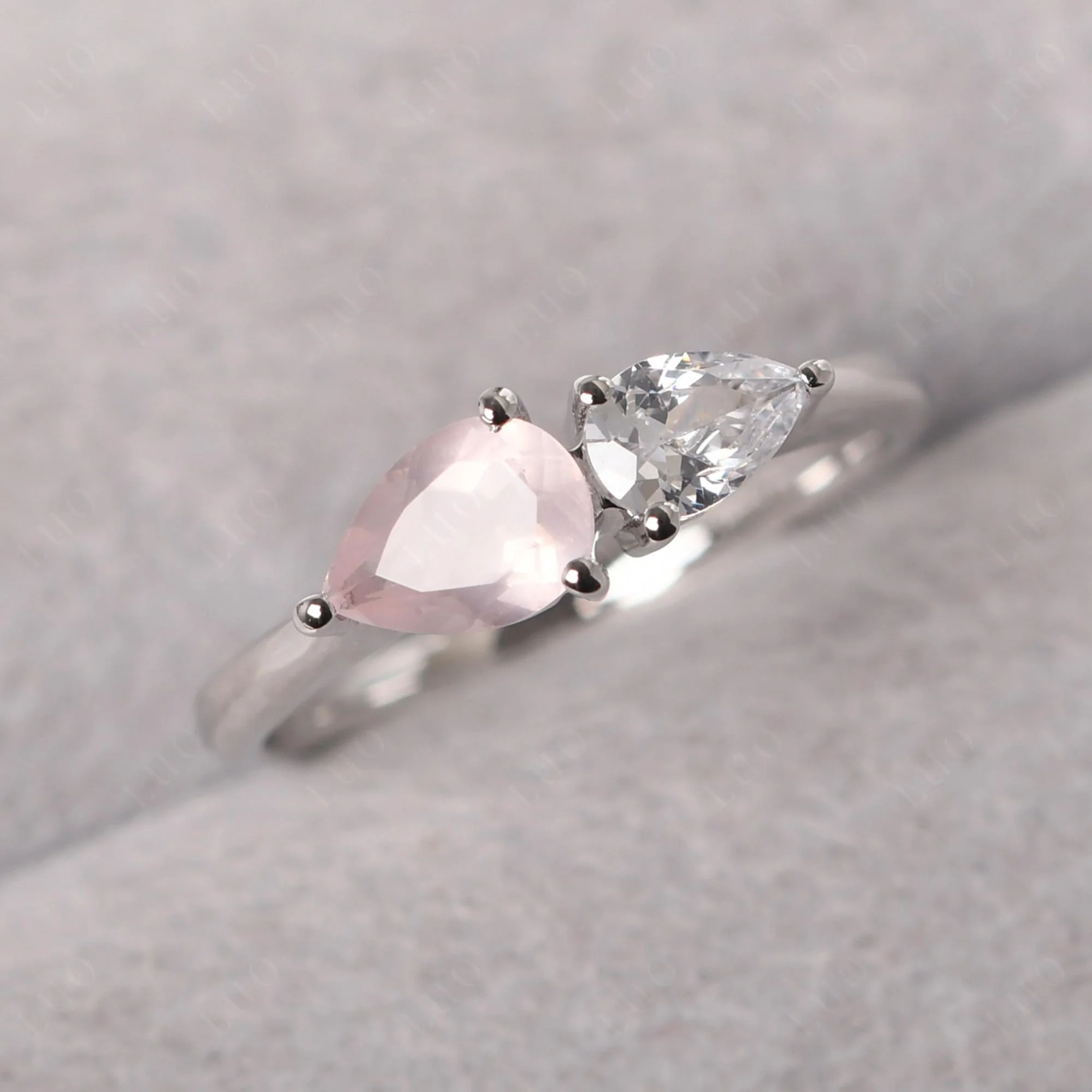 East West Pear Cubic Zirconia and Rose Quartz Ring - Image 10