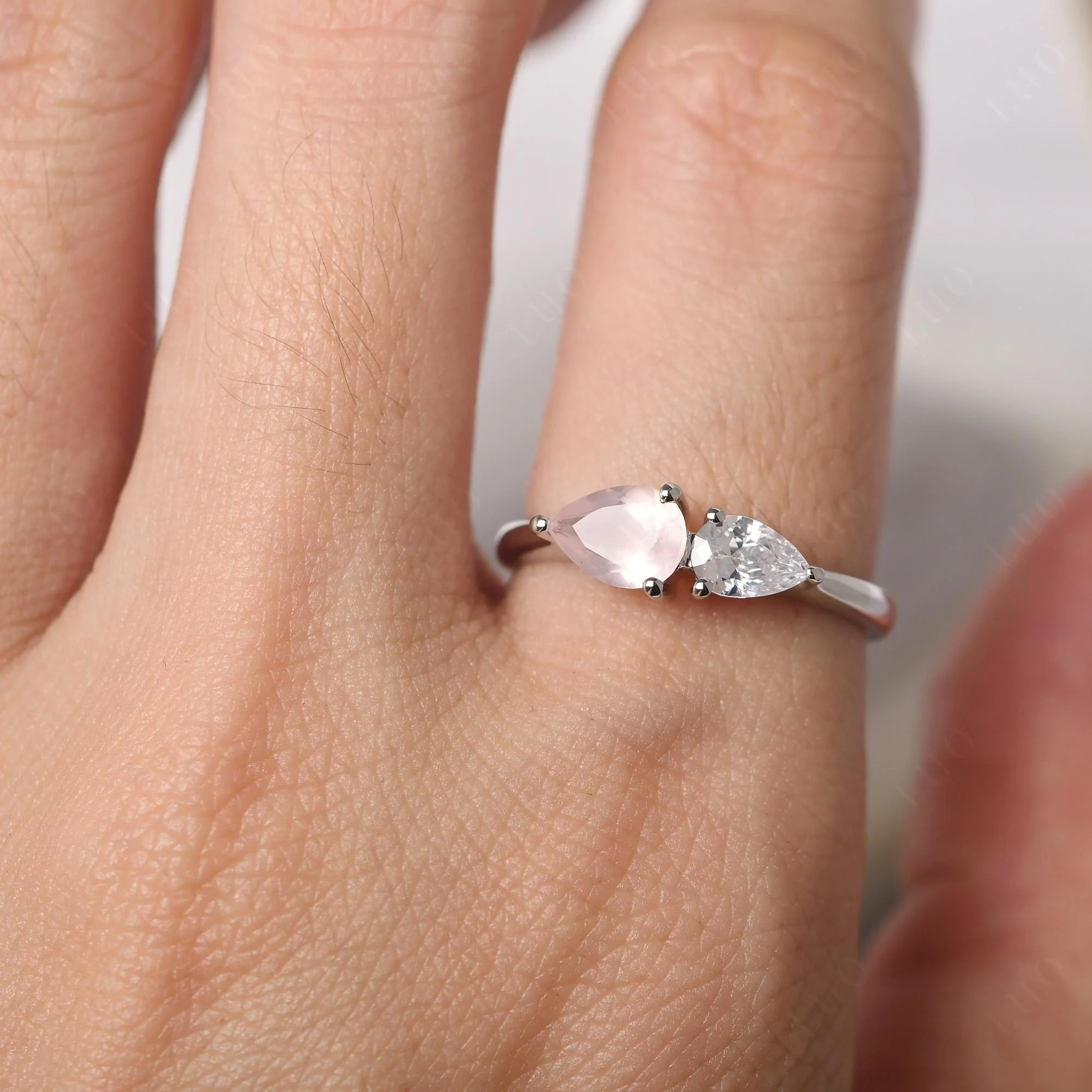 East West Pear Cubic Zirconia and Rose Quartz Ring - Image 14