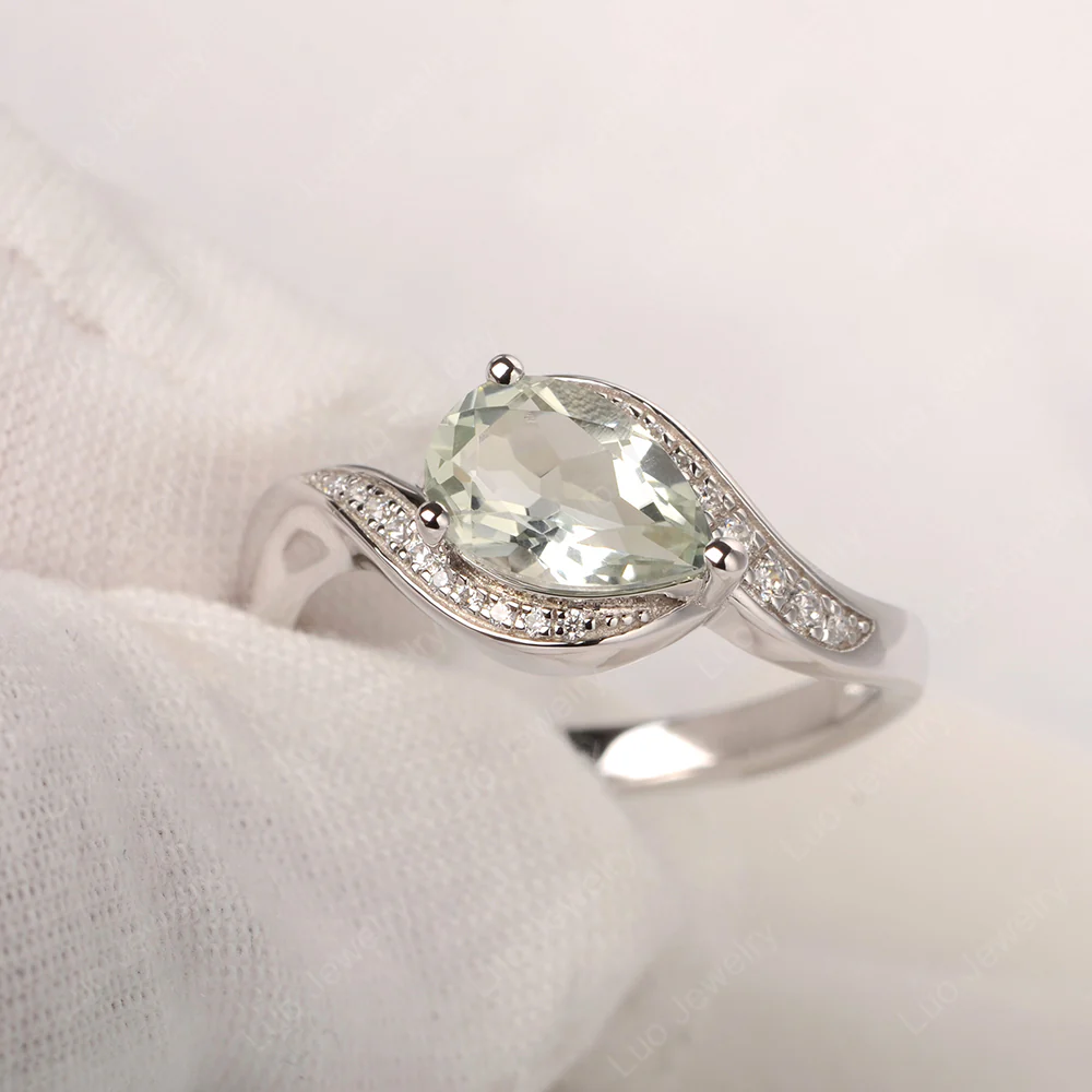 East West Pear Green Amethyst Engagement Ring