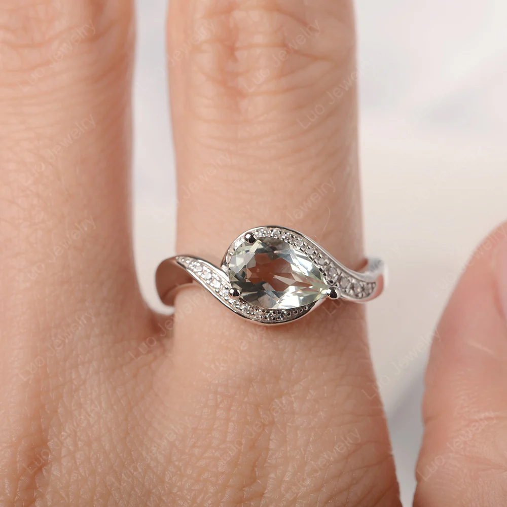 East West Pear Green Amethyst Engagement Ring - Image 5