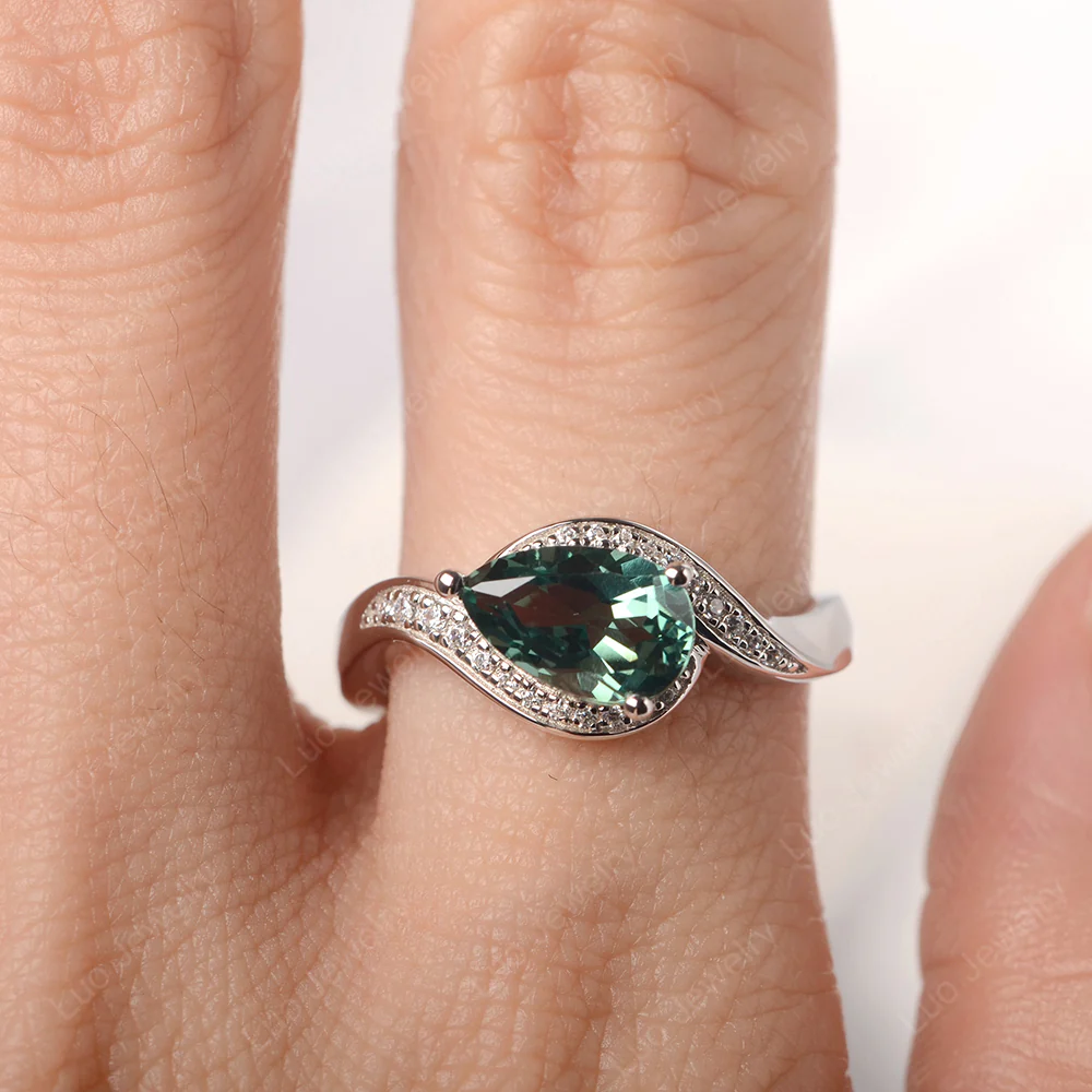 East West Pear Green Sapphire Engagement Ring - Image 6