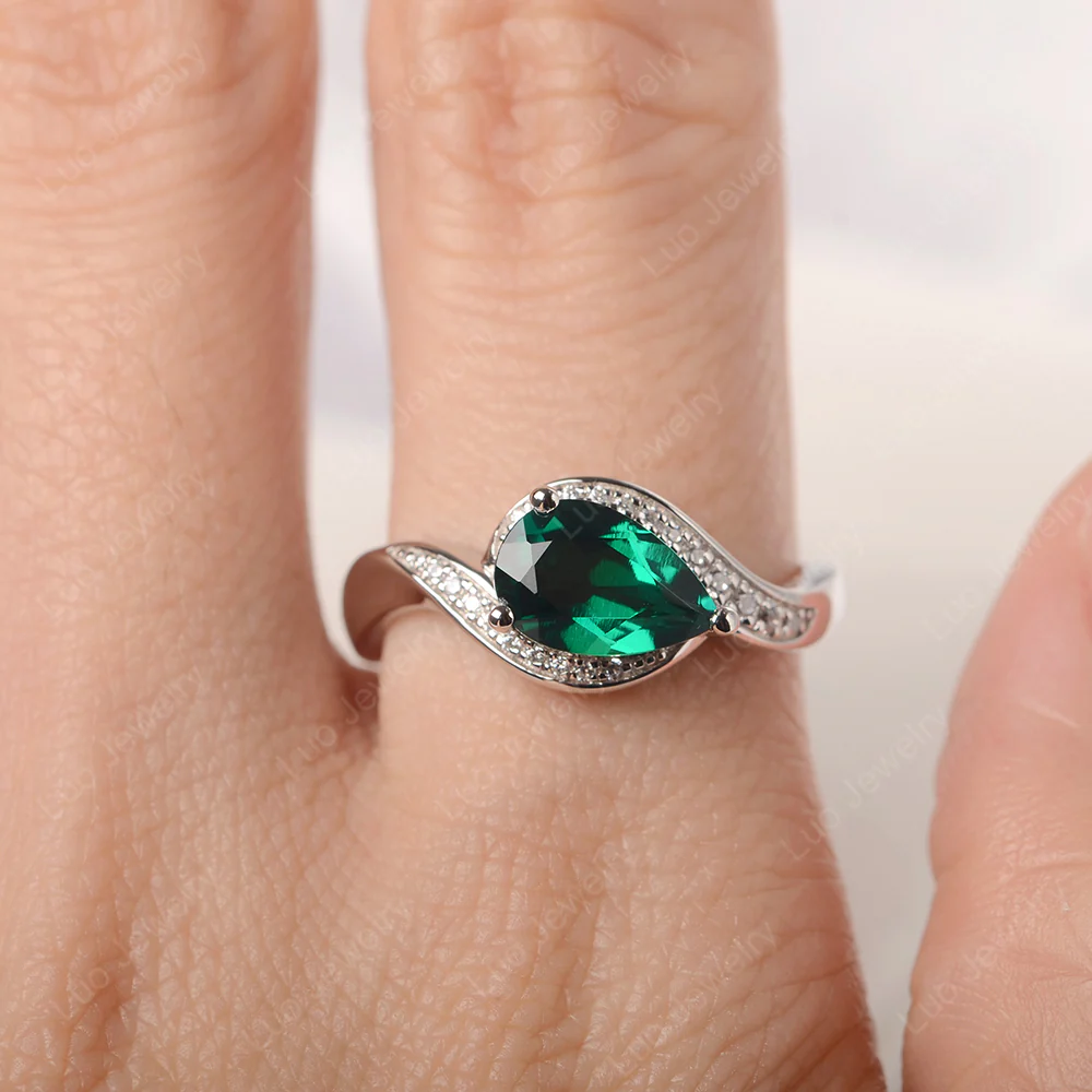 East West Pear Emerald Engagement Ring - Image 5