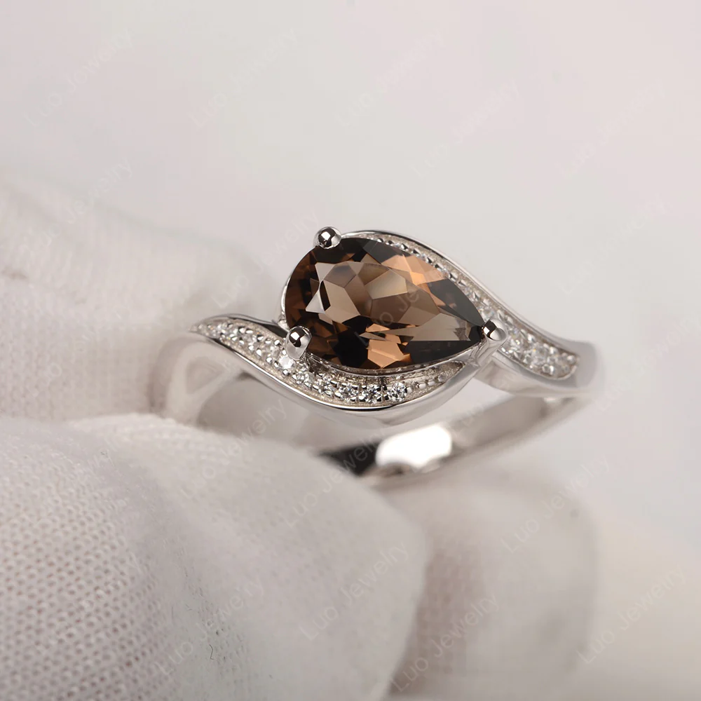 East West Pear Smoky Quartz Engagement Ring