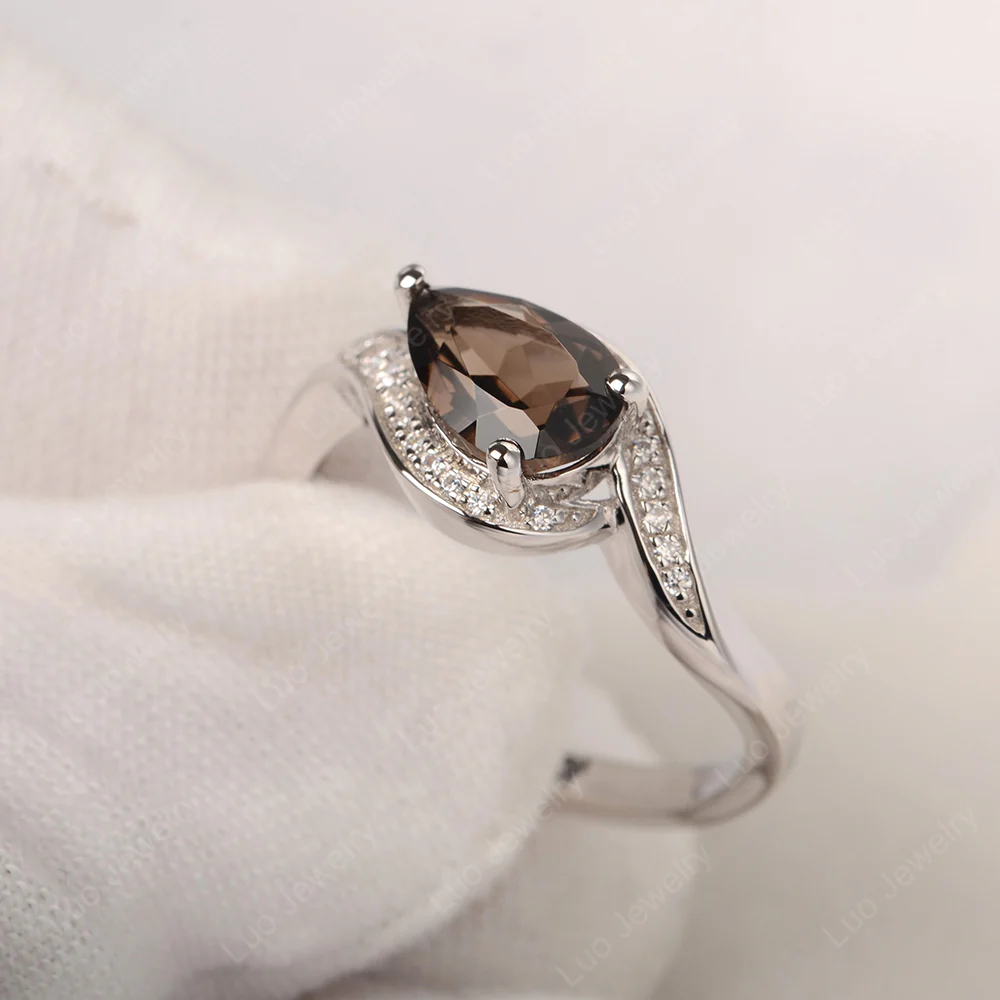 East West Pear Smoky Quartz Engagement Ring - Image 2