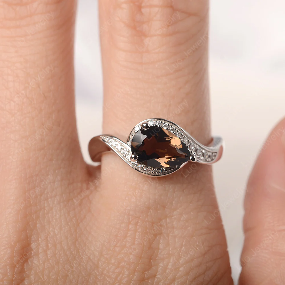 East West Pear Smoky Quartz Engagement Ring - Image 5
