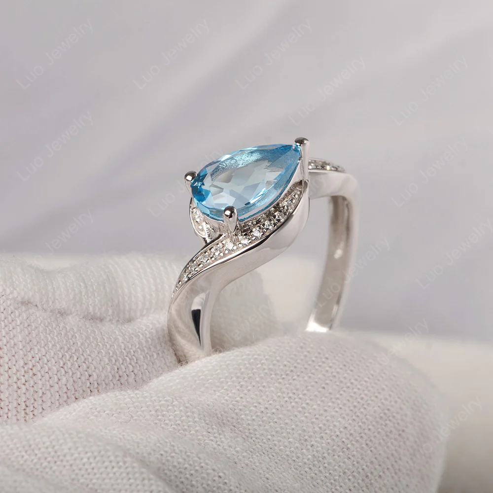 East West Pear Swiss Blue Topaz Engagement Ring - Image 2