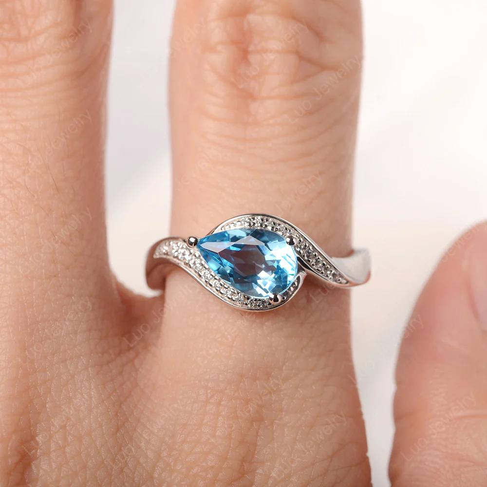 East West Pear Swiss Blue Topaz Engagement Ring - Image 5