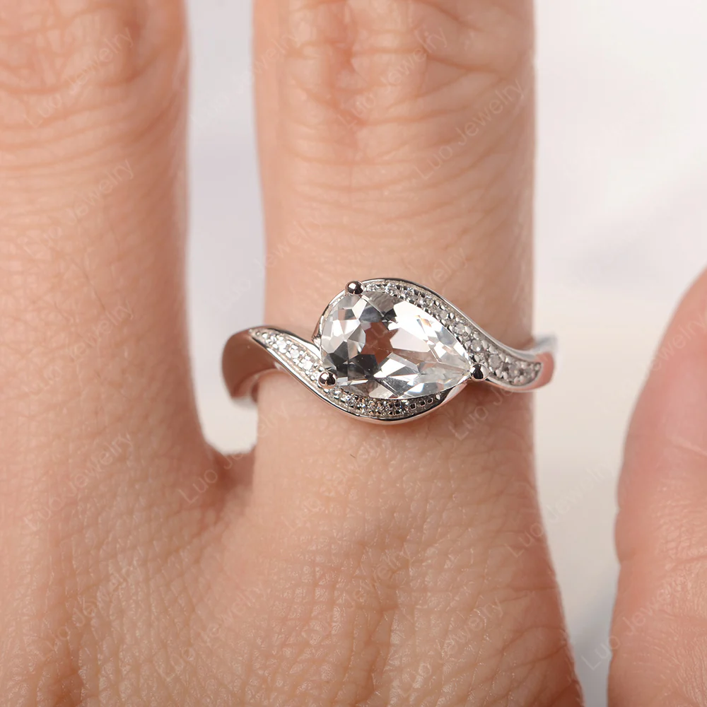 East West Pear White Topaz Engagement Ring - Image 5