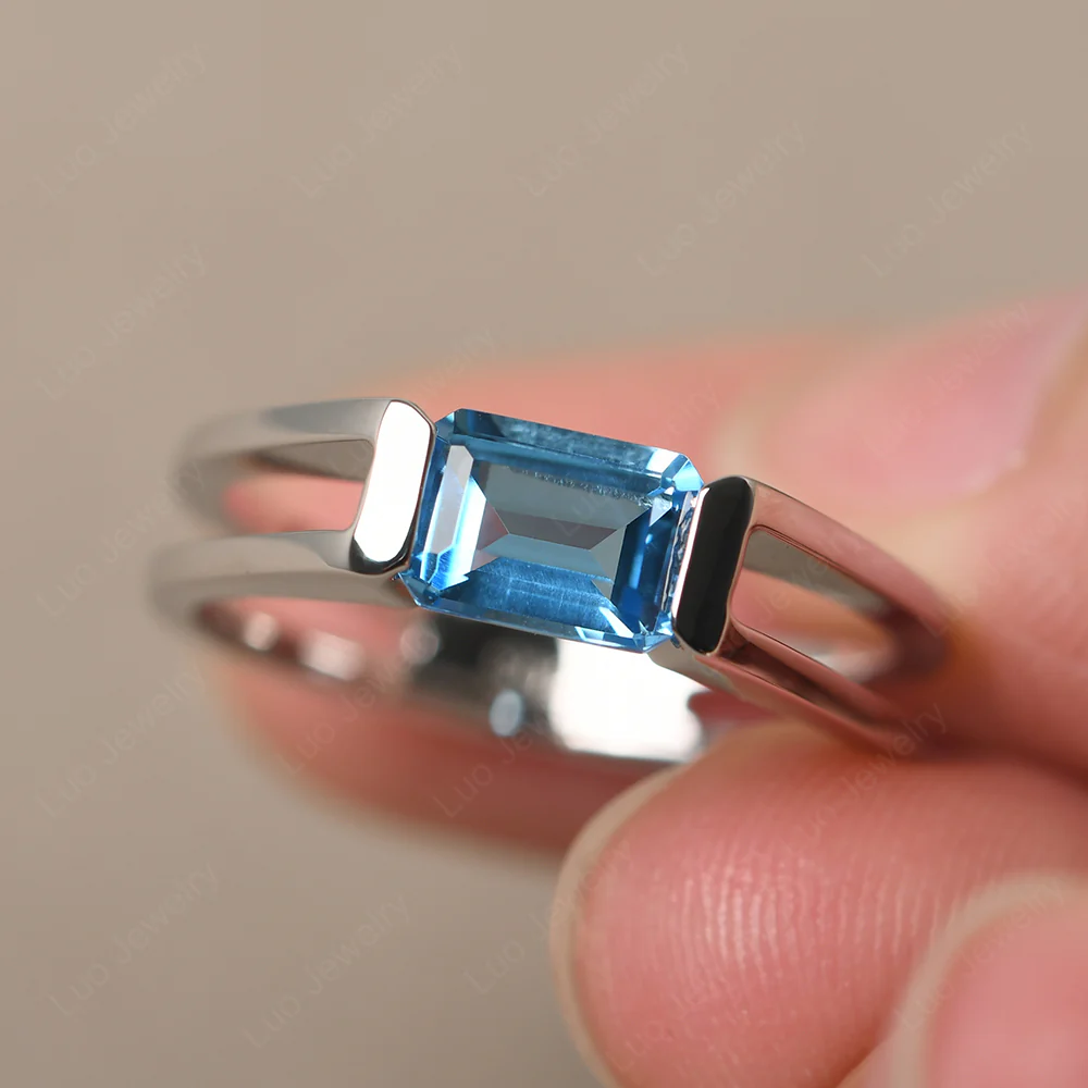 East West Swiss Blue Topaz Solitaire Ring - Image 2