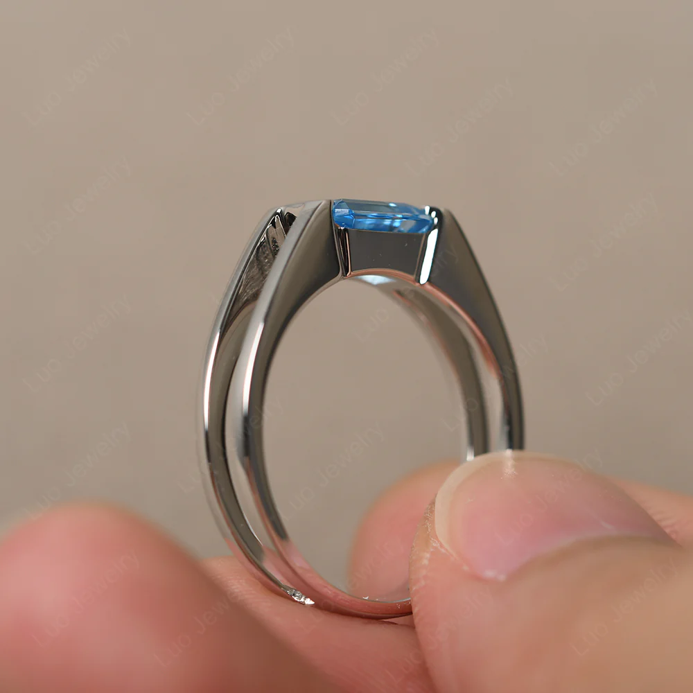 East West Swiss Blue Topaz Solitaire Ring - Image 4