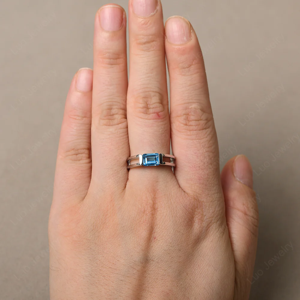 East West Swiss Blue Topaz Solitaire Ring - Image 5