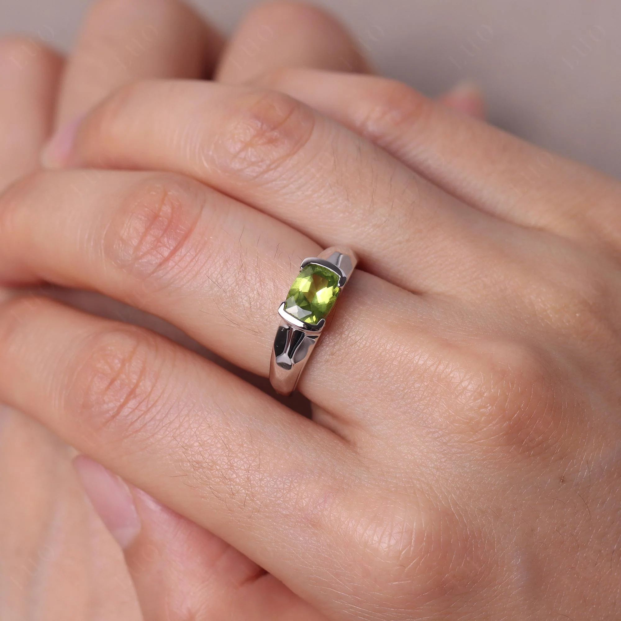 Elongated Cushion Peridot Engagement Ring - Image 14
