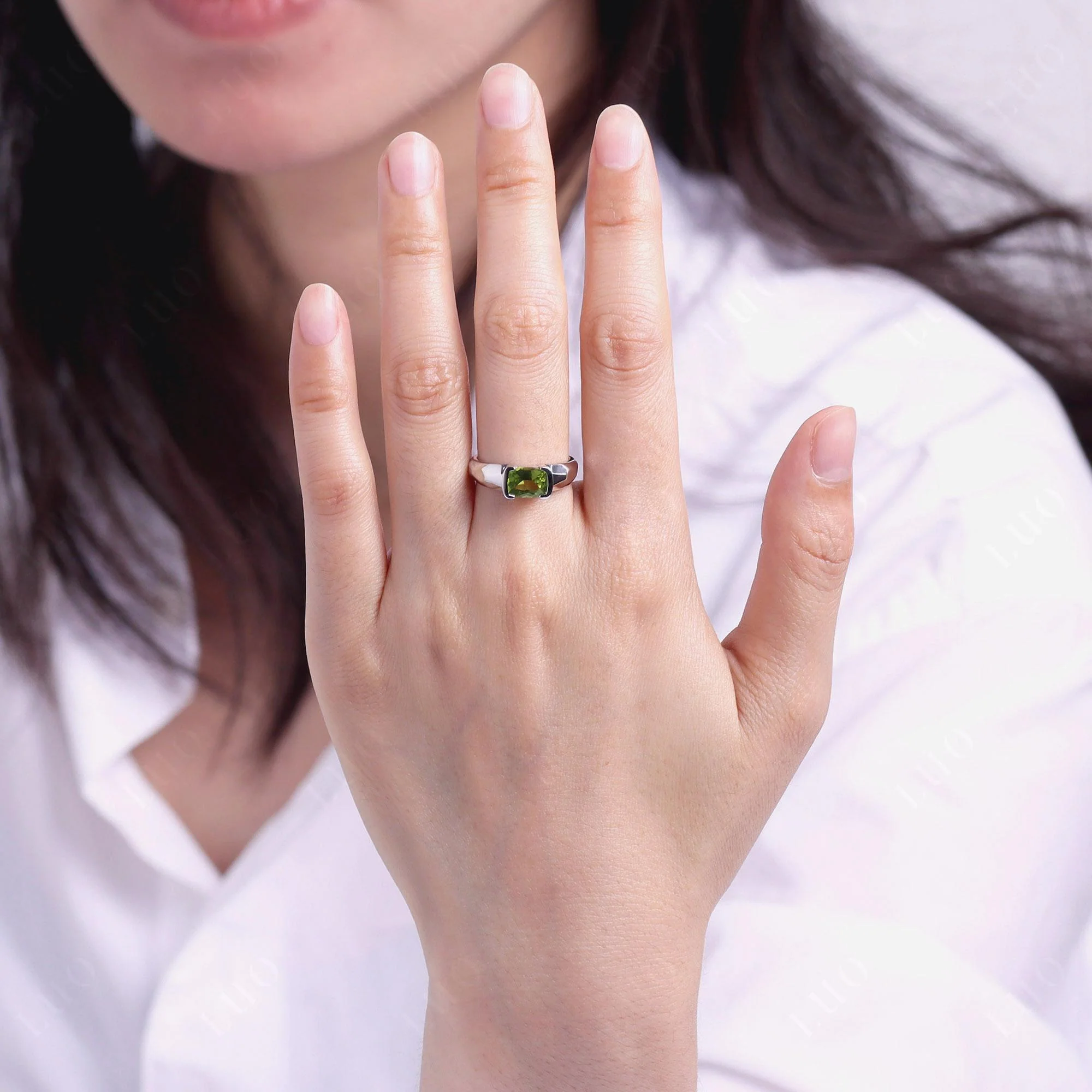 Elongated Cushion Peridot Engagement Ring - Image 15