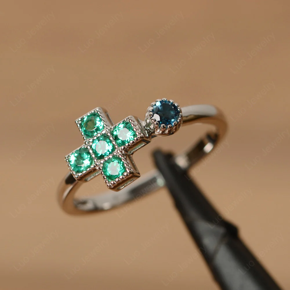 Emerald and London Blue Topaz 6 Stones Cross Mothers Ring
