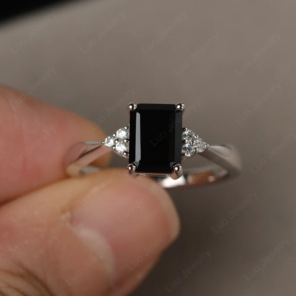 Emerald Cut Black Spinel Ring
