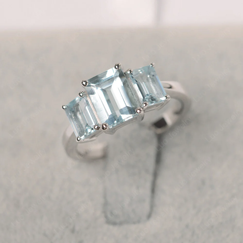 Aquamarine Three Stone Emerald Cut Ring