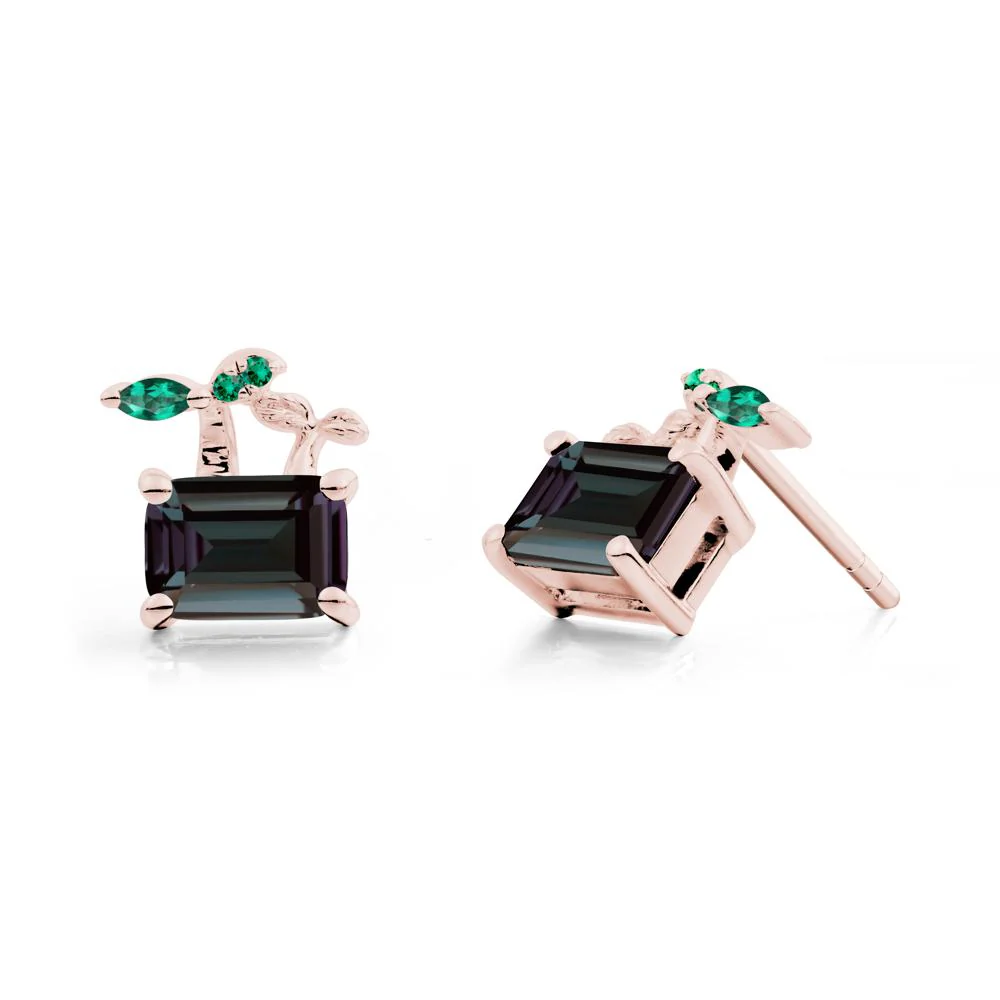 Emerald Cut Alexandrite and Emerald Sprout Earrings - Image 5